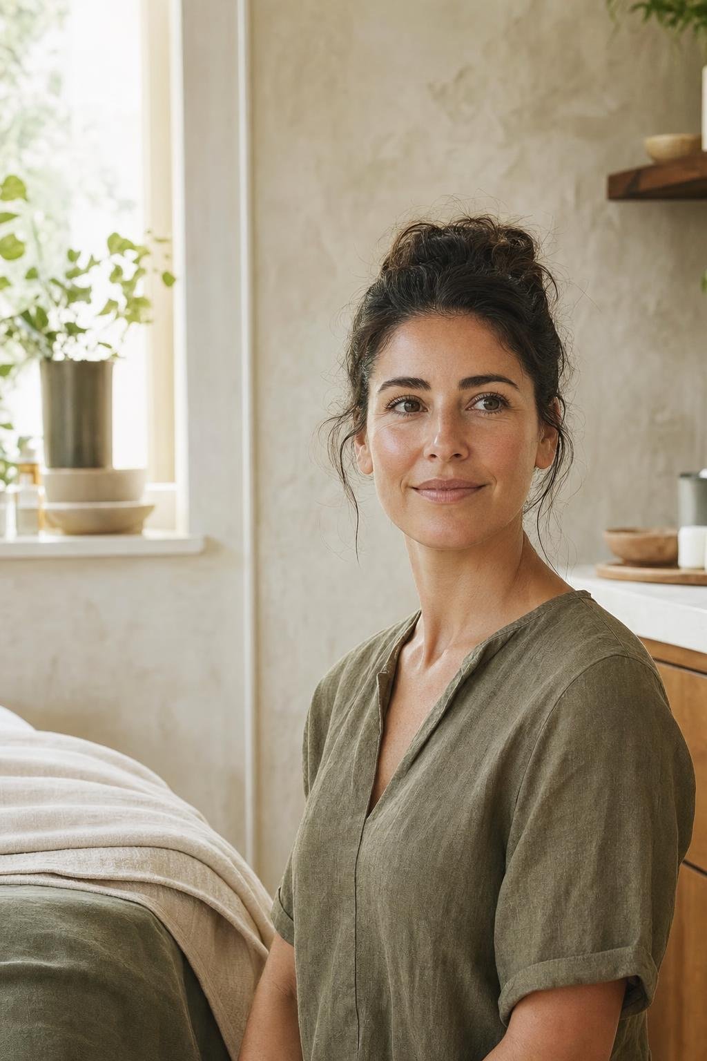 Elena, the fictional Lumina Skin Studio esthetician, in her treatment room