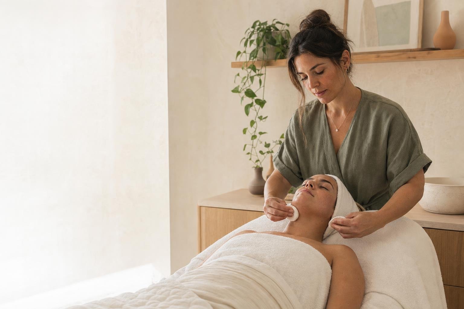 Esthetician preparing a client for a personalized facial in Lumina Skin Studio's sunlit treatment room
